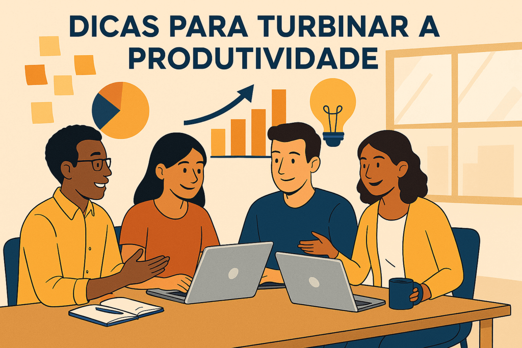 A imagem representa um ambiente de coworking com diversidade e troca de ideias. Ela mostra profissionais de diferentes origens colaborando em um espaço moderno, com laptops, gráficos, post-its e luz natural — Tudo que reforça a ideia de produtividade coletiva e criatividade.